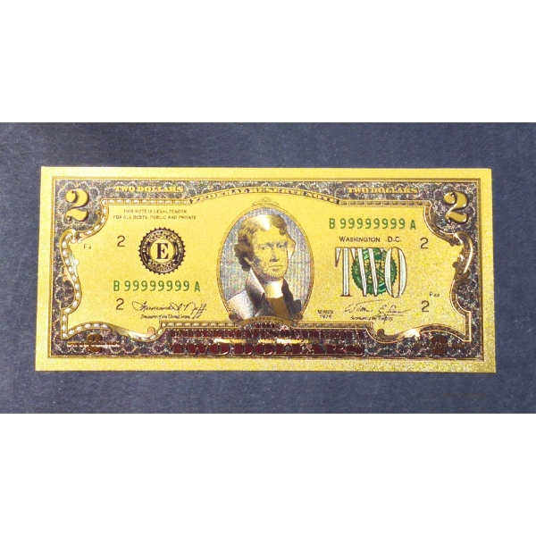 $2 US Currency Gold Foil Note -  24k (.999) Gold Foil  1 Of 7 In The Modern Note Series Offered