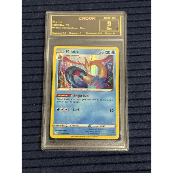 Graded Milotic #039/189 Holo card from the 2020 Pokémon TCG set, Darkness Ablaze - 9 Mint - Crown Co