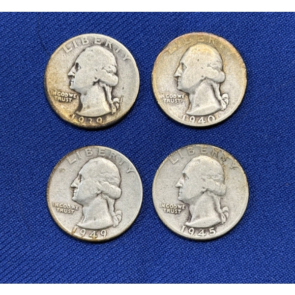 Lot of 4 Assorted Year 90% Silver Washington Quarters, FV $1.00
