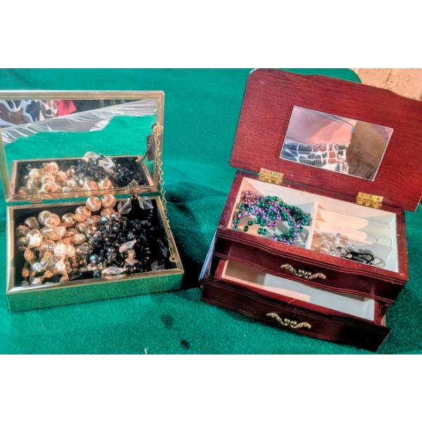 Two Jewlery Boxes. Costume Pieces, Adorable Sweater Ornaments, Pot Buddies Plant Decorations
