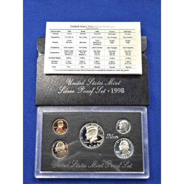 1998- S United States Mint Silver Proof Set - 5 Coin Set with Display Case