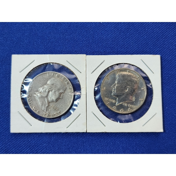 Two U.S. 90% Silver Half Dollars: 1953 Franklin & 1964 Kennedy