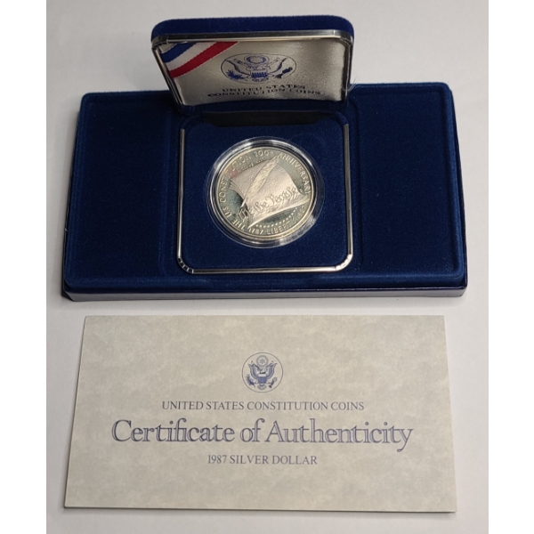 1987 U.S. Constitution Commemorative 90% Silver Dollar Proof Coin In Original Packaging With COA 