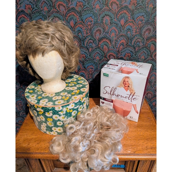 Vintage Hat Box, Wigs, Styrofoam Head, Shilloute Panties Size XL