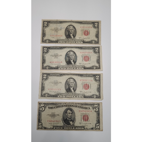 Series 1953 B, 1953 C $2 Red Seal Bank Notes & 1953 B $5 Red Seal Bank Note - Face Value: $11.00