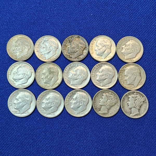 x15 Assorted 90% Silver U.S. Dimes: Roosevelt & Mercury - FV: $1.50