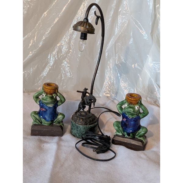 Unique Vintage Iron And Marble Cowboy 17" Lamp And 2 Cute 7" Frog Candlesticks