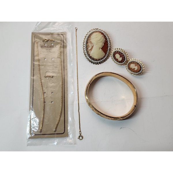 Assorted Gold-Plated/Gold-Filled Jewelry: Necklace, Bracelets, Pin, Earrings 