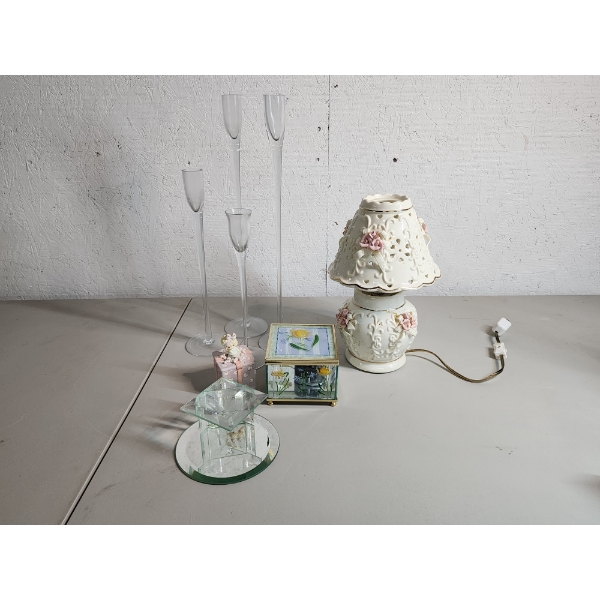 Lot of Assorted Decorative Items: Small Glass Storage Boxes, Working Vintage Porcelain Lamp, Candle 