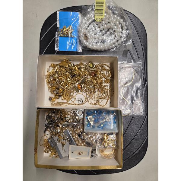 Vintage Costume Jewelry Collection Including Vintage Rosary, Silver & Gold Tone Necklaces, Pins & Mo