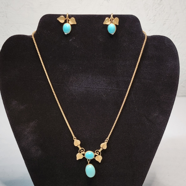 Gold-Tone & Blue Stone Matching Necklace and Earrings Set 
