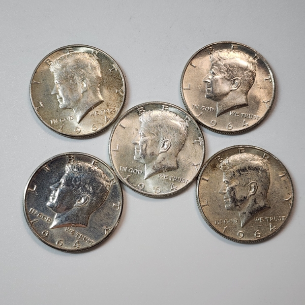 Five Assorted Years 90% Silver Kennedy Half Dollars - Face Value: $2.50