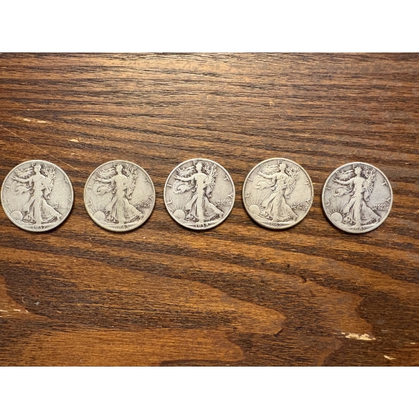 90% Silver - 5 Walking Liberty Silver Half Dollar - FV $2.50 - Years 1937, 1938, 1942, 1941, 1943