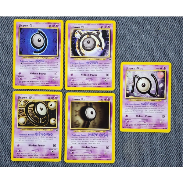 Five Non Holo Vintage Unown Pokemon Trading Cards ~ Five Different Unown Letters!