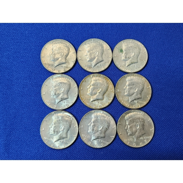 Lot of 9 Kennedy Half Dollars - Post 1964 - 40% Silver FV: $4.50