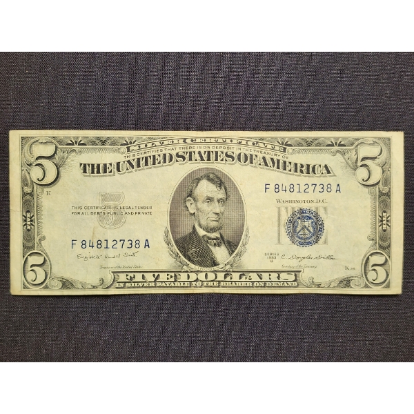 1953 Blue Seal $5 Silver Certificate Note in Good Shape