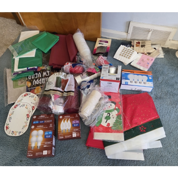 PICKUP IN CANTON - Large Group Of Disposable Cups, Table Covers, Napkins, & Light Bulbs 