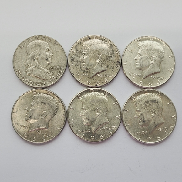 Six Assorted Years 90% Silver Half Dollars (5 Kennedy, 1 Franklin) FV: $3.00