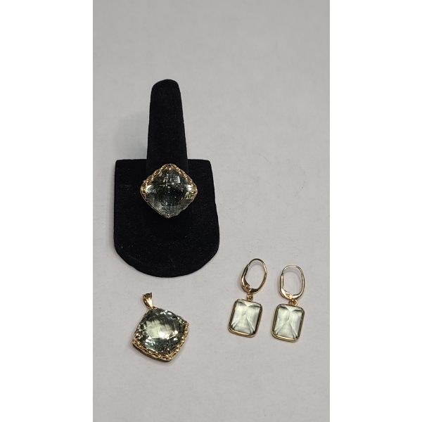14K Gold Checkerboard-Cut Green Amethyst Pendant, Dangle Earrings & Ring- Size 7-Total Weight: 15.6g