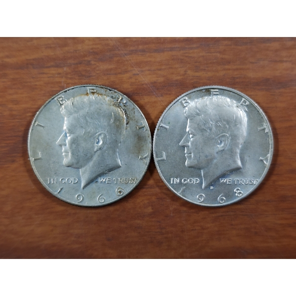 Two 40% Silver United States Kennedy Half Dollars ~ 1966 & 1968 Half Dollars