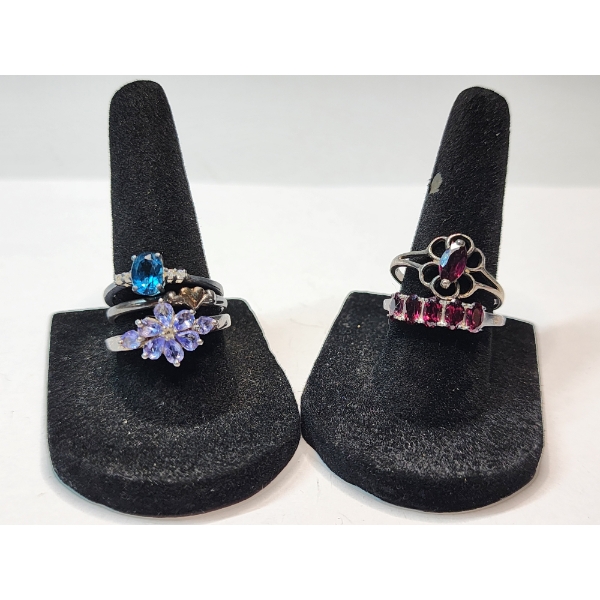 Five Assorted Sterling Silver Rings with Colorful Gemstones - TW: 10.9g 