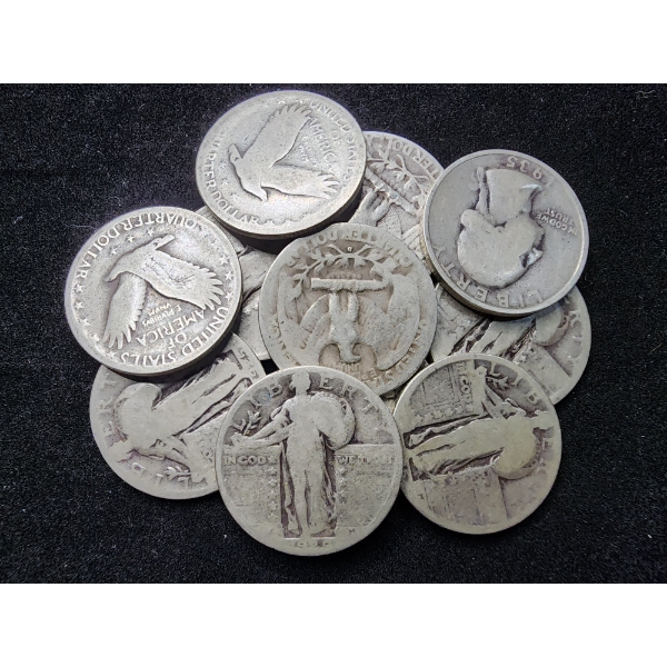 $3 Face Value in Assorted 90% Silver Quarters Including Standing Liberties & Washington Head