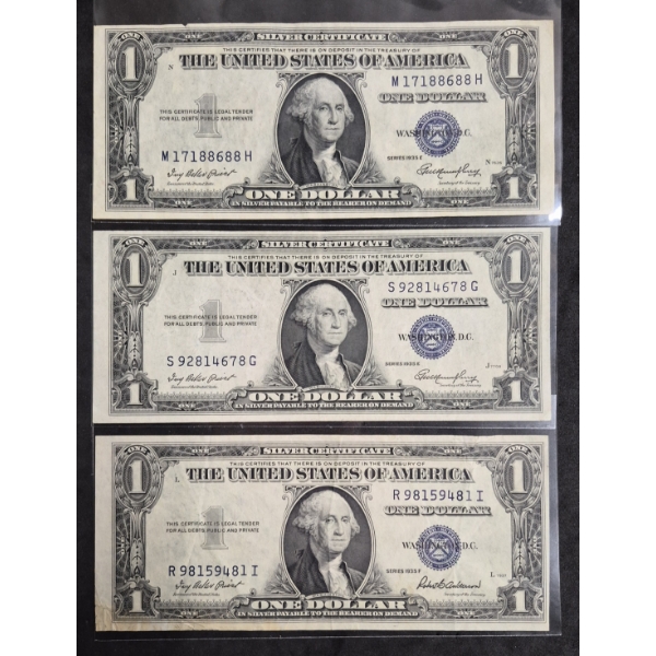 U.S. CURRENCY - RARE Tot 3 - 1935 E & F  One Dollar ($1) Blue Seal Silver Certificate's