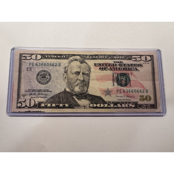 Rare United States Grant $50.00 Bill - 5 OF A KIND SERIAL NUMBER - Mint Condition In Holder