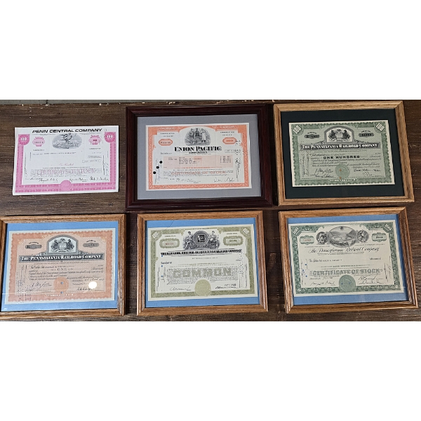Set of 6 Railroad Stock Certificates from Railroad Companies incl Presidential, Union Pacific & more
