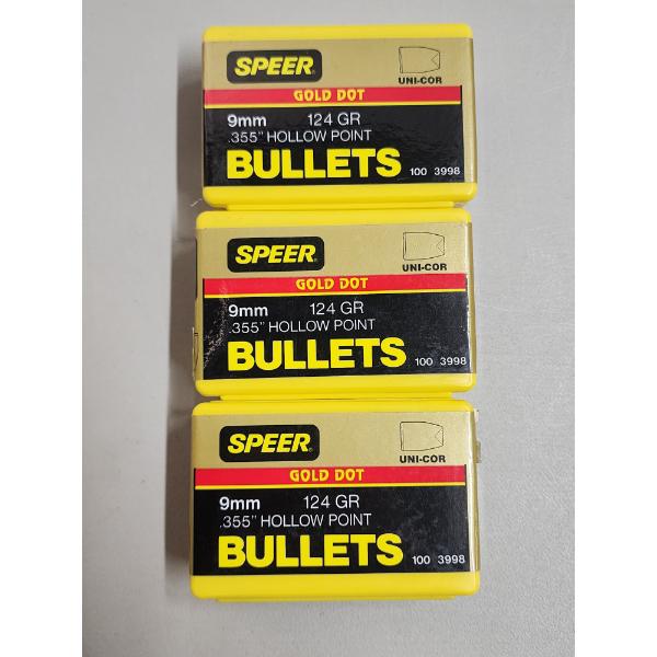 3 Full Boxes of Speer Gold Dot 9mm 124 GR .355 HP Bullets - 300 Total
