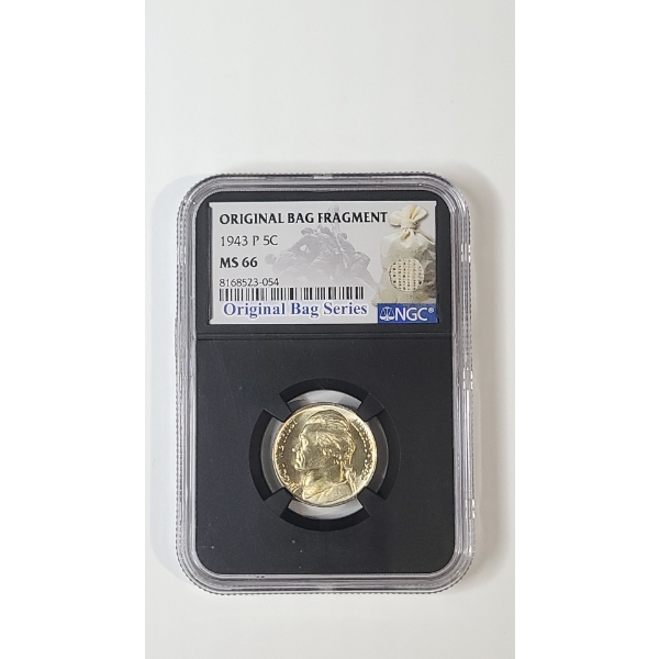 NGC 1943-P MS 66 Jefferson 35% Silver Wartime Nickel With Original Mint Bag Fragment 