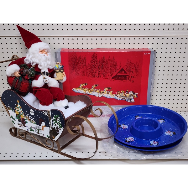 Nice Assorted Lot of Holiday Seasonal Decor Featuring 5 FT SANTA SLEIGH & NEW Trays