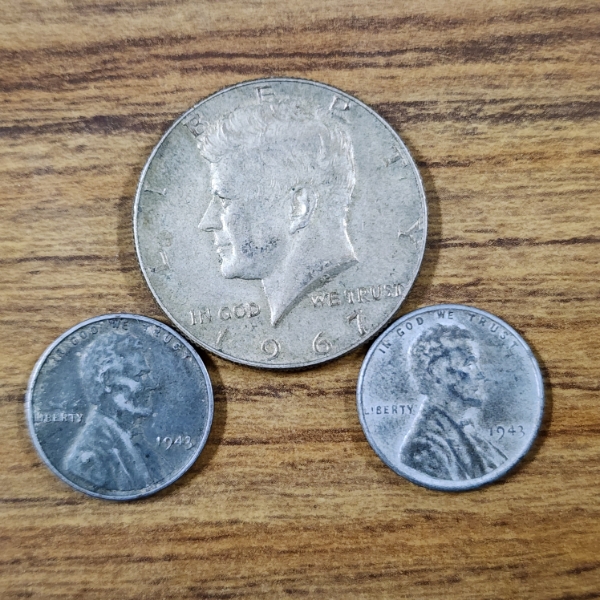 Two United States 1943 Steel Pennies With A 40% Silver 1967 Kennedy Half Dollar ~ THREE COINS!