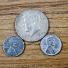 Image 1 : Two United States 1943 Steel Pennies With A 40% Silver 1967 Kennedy Half Dollar ~ THREE COINS!