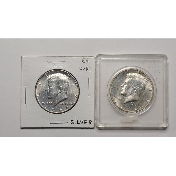(2) 1964 90% Silver Kennedy Half Dollars - Face Value: $1.00