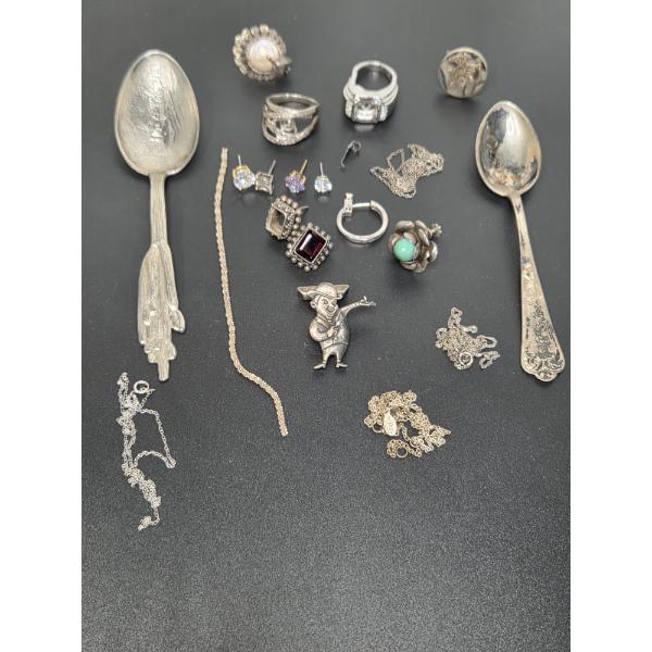 Scrap Sterling Including Two Spoons, Earrings, Cufflinks With Some Stones Total Weight 87.1 Grams