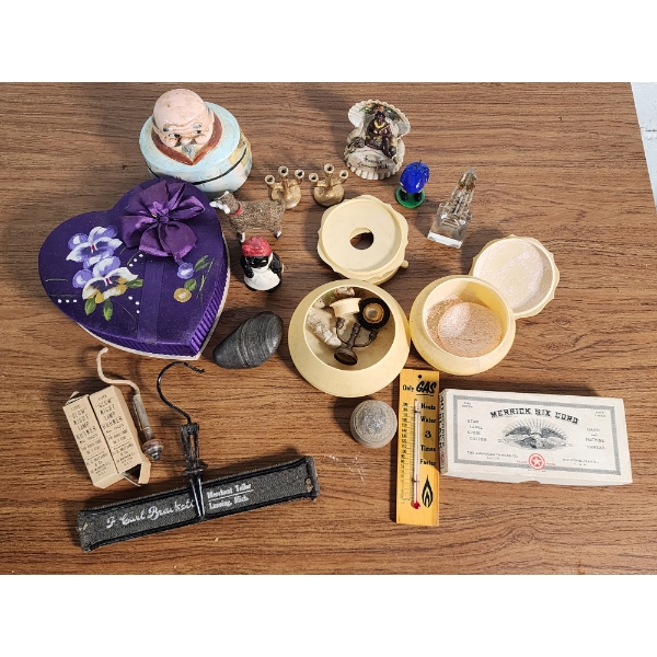 Lot of Vintage Collectibles Including Cigar Box, Advertising Thermometer, Figurines & More! 