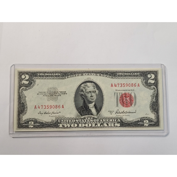 Crisp U.S 1953 A $2 Red Seal Bank Note With Priest And Anderson Signatures In Protective Sleeve