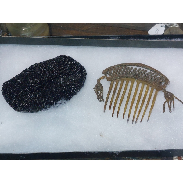 RARE Antique Victorian Hair Comb & Beaded Purse - See Pics -  Celluloid Frame As Is - See Pics