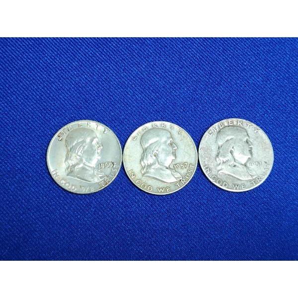 Lot of (3) U.S. Franklin 90% Silver Half Dollars - Years 1951, 19571 1960