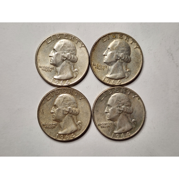 Four 90% Silver United States 1964 Washington Quarters ~ $1.00 in Face Value! ~ VERY NICE COINS!