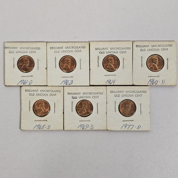 Seven Brilliant Uncirculated Old Lincoln Cents Dated 1961 To 1977