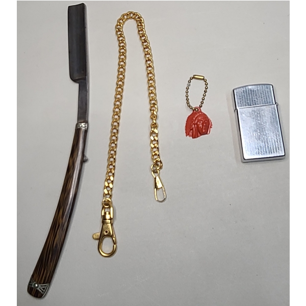 Vintage Straight Razor, Zippo Lighter, Fob Pocket Watch Chain & Native Pendant