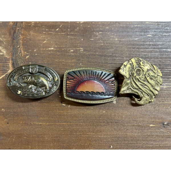 1993 Bass Society Angler Sportsman Belt Buckle & Indian Head Buckle & Beach Buckle - 3 Belt Buckles 