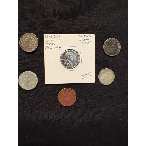 4 Wheat pennies & 1 Steel Wheat Penny FV $.005 & 1951 Canada King George VI 10 cent piece - FV $0.10