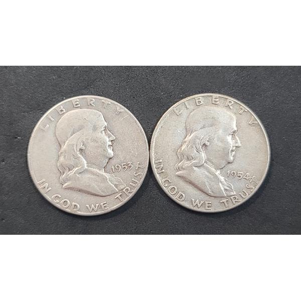 United States 1953-S & 1954 90% Silver Franklin Half Dollars - Face Value: $1.00
