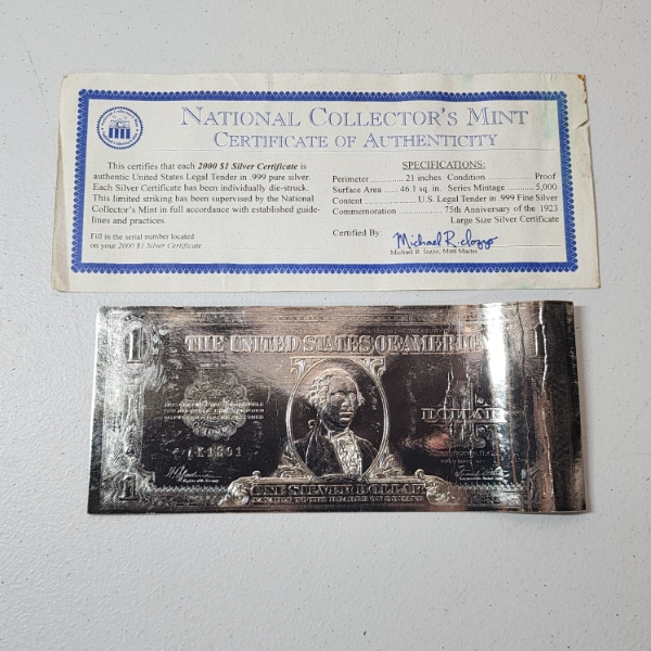 National Collector's Mint U.S. 2000 $1 Silver Certificate Legal Tender in .999 Fine Silver
