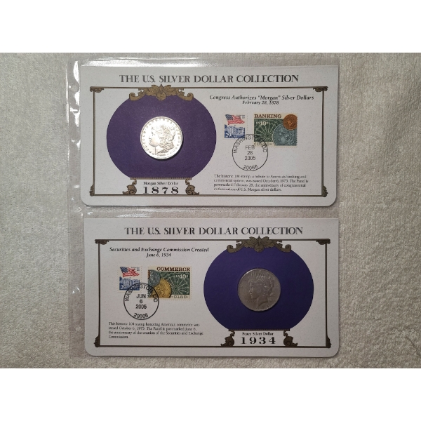 U.S. Silver Morgan & Peace Dollars & Stamps in Display Cards & Protective Binder Page - 1878 & 1934-