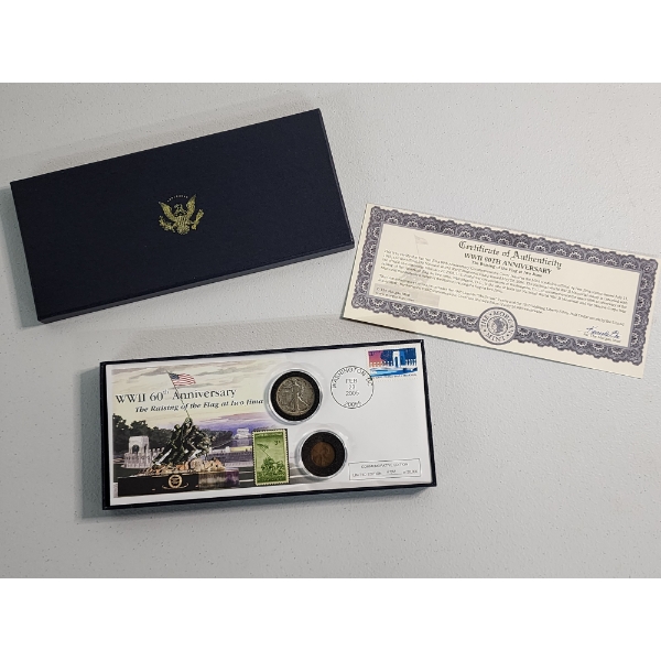 WWII 60th Anniversary Commemorative Coin and Stamp Set Including Silver Half Dollar