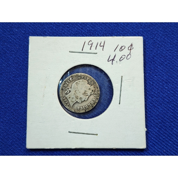 United States 1914 90% Silver Barber Dime 
